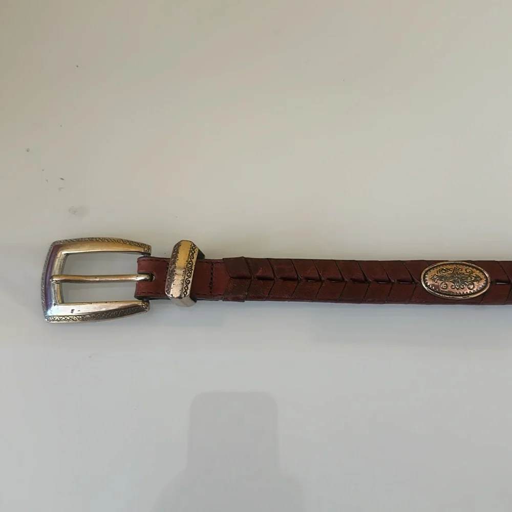 Brighton Brown Braided Leather Belt with Metal Medallions Size L